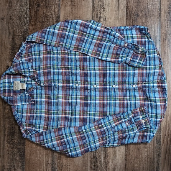 L.L. Bean Plaid 100% Linen Casual Button Down Size Medium in Blue / Adobe - Picture 1 of 7